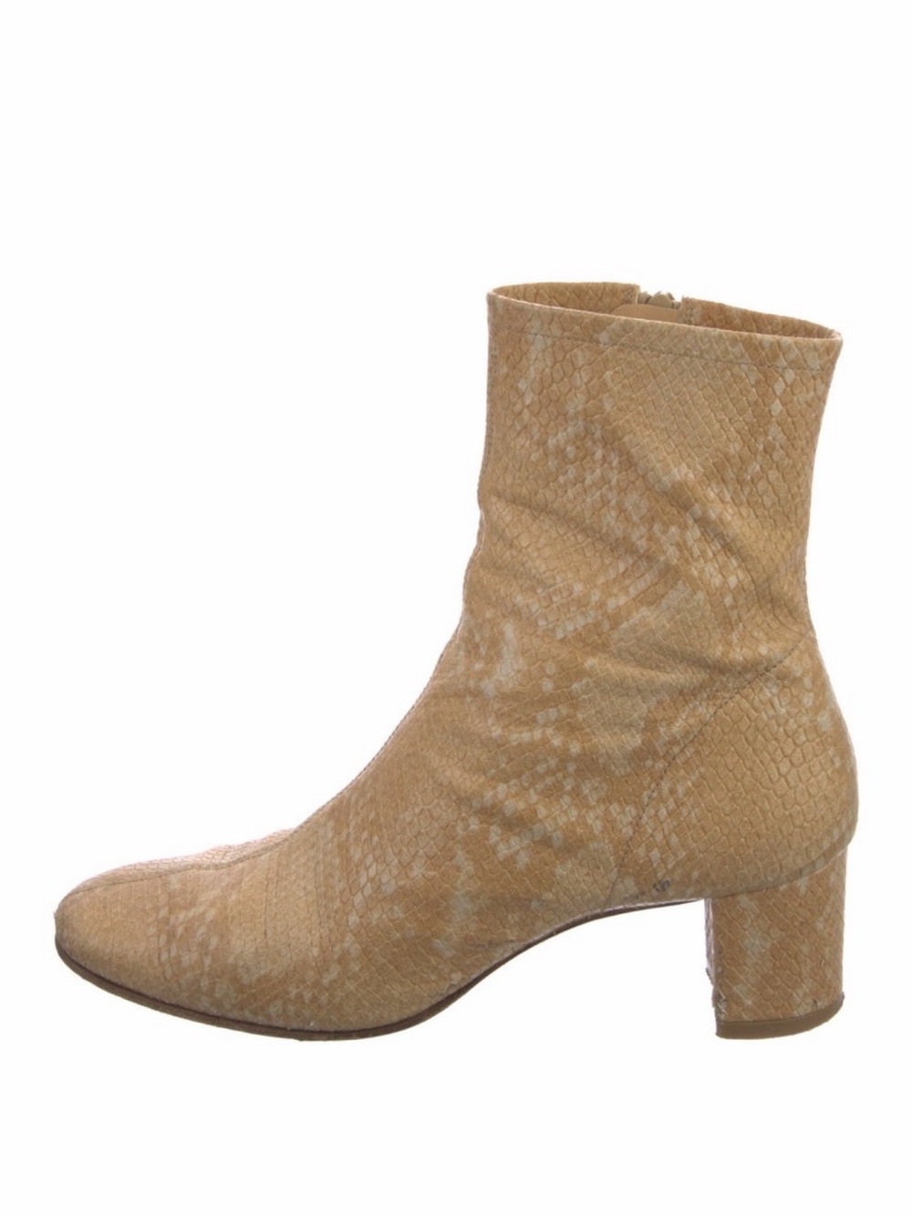 BY FAR Tan Snake-Embossed Mid Heel Ankle Booties